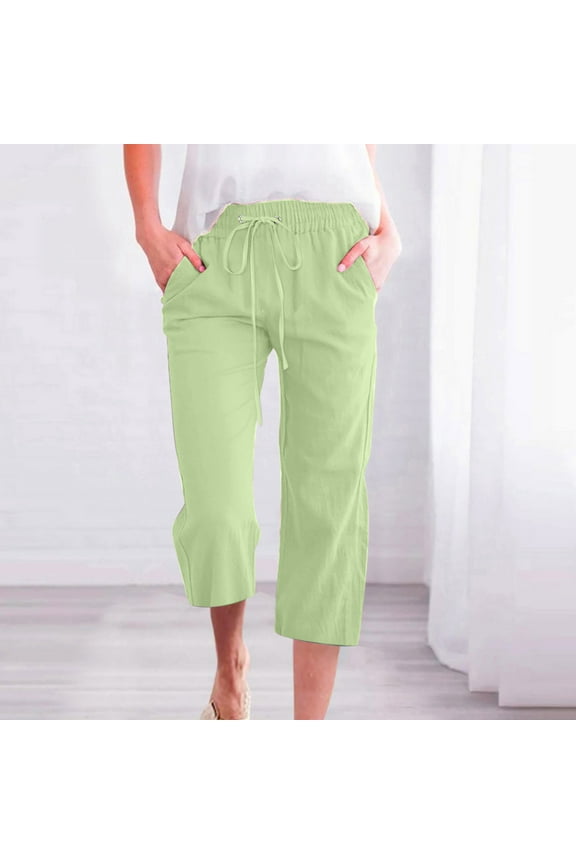 Capri Pants for Women Womens Drawstring Elastic Waist Capris Pants Summer Casual Plus Size Button Straight Leg 3/4 Trousers Comfy Cotton Linen Pocket Cropped Pants