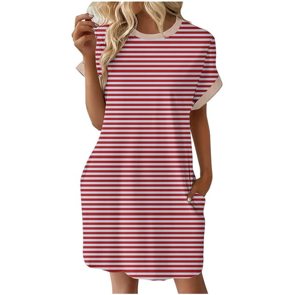 Summer Xqxayjr Casual Flowy Pocket Knee Length Midi Swing Tshirt Dress for Women Under $5 Summer Short Sleeve Petite Dresses Crewneck Striped Bohemian Black Evening Dress