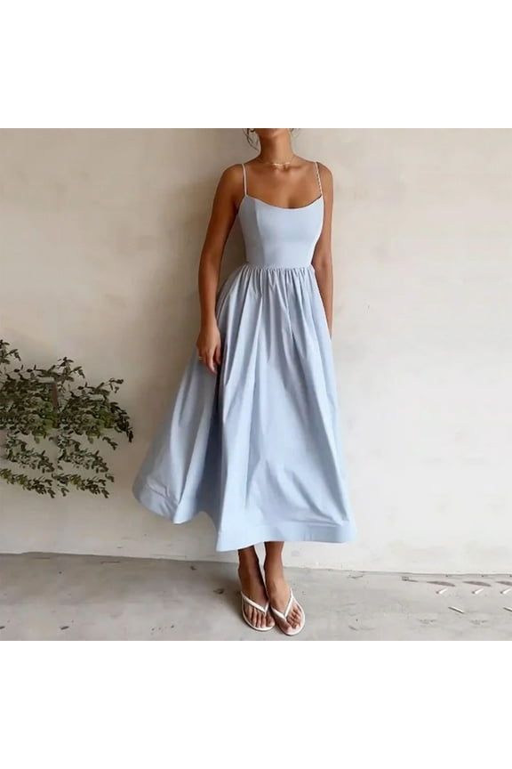 Summer Xqxayjr Ladies Summer Spring Maxi Long Swing Pleated Sun Dress Plus Size Spaghetti Strap Scoop Neck Wedding Guest Dresses High Waist Aline Swing Holiday Outfits Funaral Dresses