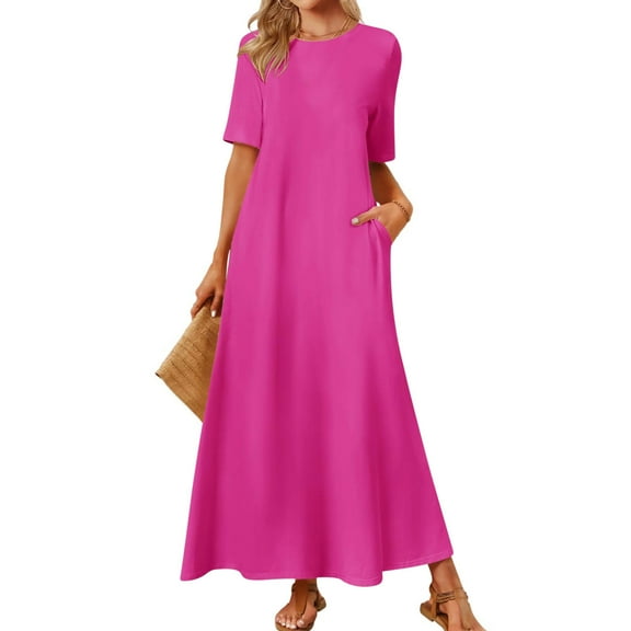 Summer Xqxayjr Party Dresses for Womens Summer Under $10 Casual Crewneck Pockets Short Sleeve Swing A Line Maxi Long T Shirt Sundress Elegant Shirt Dresses Mother's Day Gifts