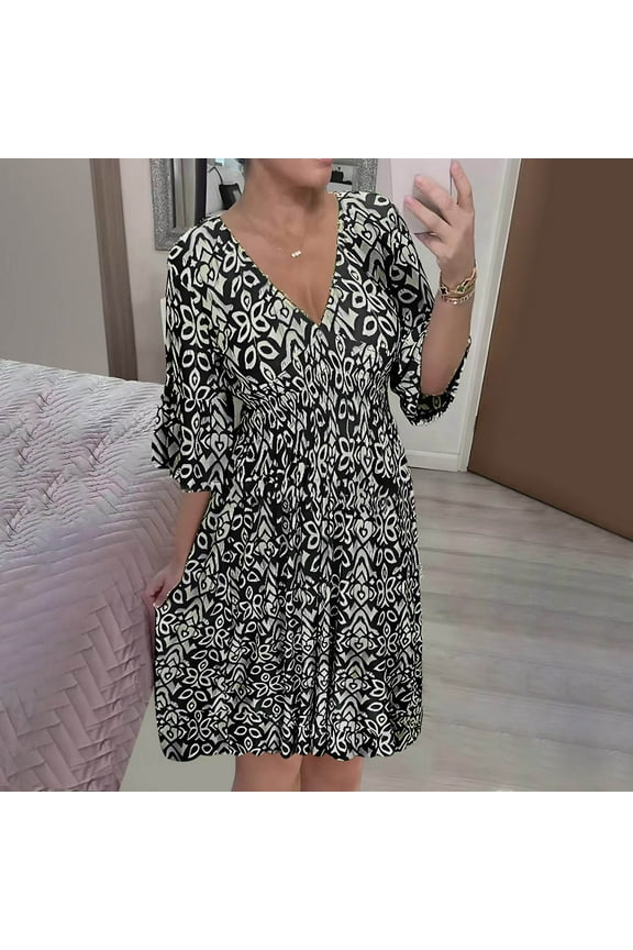 Summer Xqxayjr Summer 3/4 Sleeve Wedding Guest Dress for Women Under $5 Casual Loose Floral Bohemian Flowy Swing Midi Boho Sun Dresses V Neck Cute Spring Evening Dress