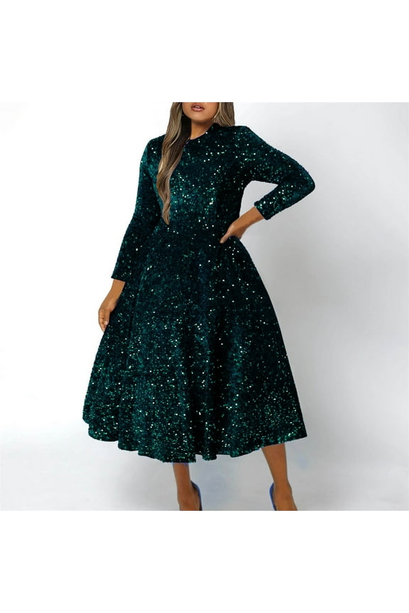Summer Xqxayjr Summer Spring Long Sleeve Sparkly Petite Dresses for Women Under $10 Plus Size A Line Swing Glitter Sequin Midi Dress Scoop Neck Elegant Black Evening Dress