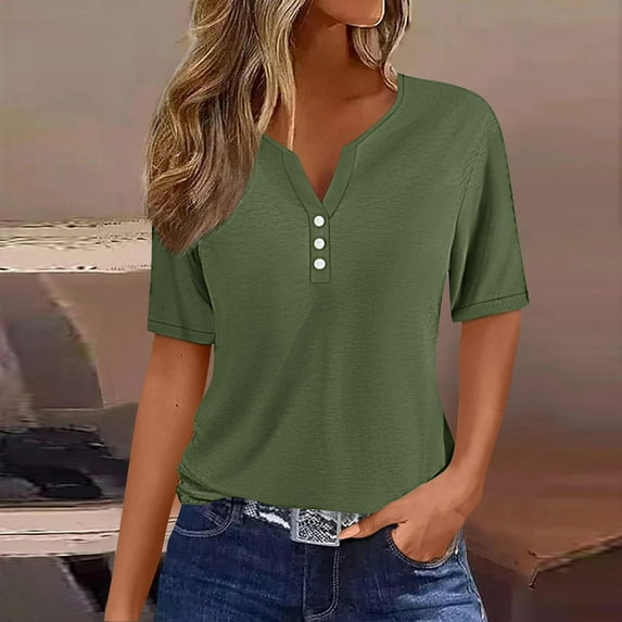Summer Xqxayjr Summer Tops Shirt for Women Under $10 Casual Short Sleeve T Shirts Solid Color V Neck Button Spring T-Shirts Gifts for Mom