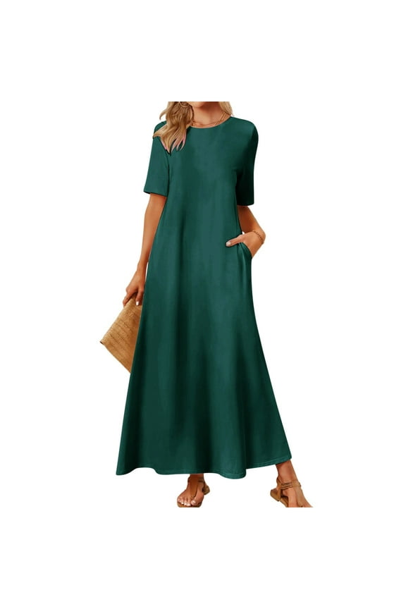 Summer Xqxayjr Women Summer Maxi Long T Shirt Sundresses Under $5 Plus Size Short Sleeve Crewneck Pockets Graduation Dresses Swing A Line Going Out Western Dress Gifts for Mom