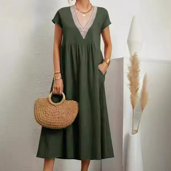 Summer Xqxayjr Women Summer Short Sleeve Maxi Vacation Dresses Under $10 Plus Size Aline Swing Flowy Long T Shirt Sun Dresses V Neck Holiday Church Dress