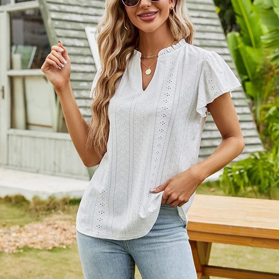 Summer Xqxayjr Women's Ruffle Short Sleeve Tshirt Summer Tops Under $10 Casual Eyelet Embroidery Shirts V Neck Trendy Spring Tunics Graduation Gifts