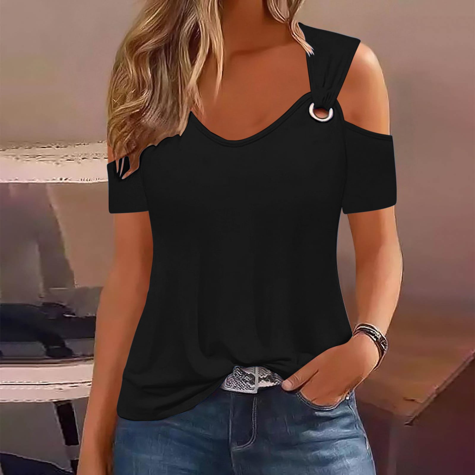Blouse Femme Manches Courtes Merona - Noir Taille L - Occasion Très Propre
