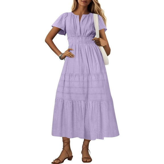 Summer Xqxayjr Women's Summer A-Line Flowy Swing Tiered Maxi Long Elastic Waist Sundress Wedding Guest Dress Casual Short Sleeve Lightweight V Neck Going Out White Bridal Shower Dresses