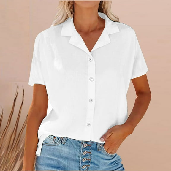 Summer Xqxayjr Womens Short Sleeve Shirt Summer Under $10 Dressy Casual Button Down Up Cotton Linen Tshirts Collared V Neck Spring Tops Birthday Gift