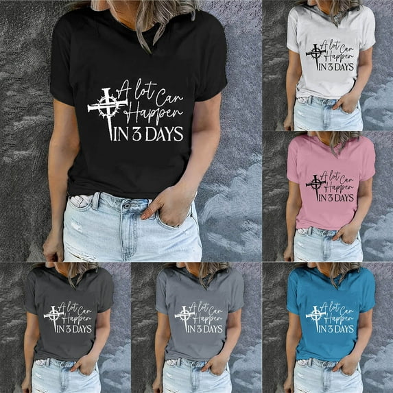 YANHAIGONG A Lot Can Happen In 3 Days Youth Shirt,Easter Shirts for Women 2025,Summer Casual Loose Short Sleeve Round Neck Shirt