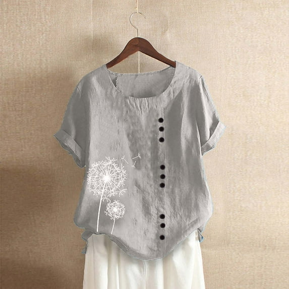YANHAIGONG Cotton Linen Dandelion Shirts for Women Plus Size, Summer Beach Short Sleeve Casual Loose Comfy Tunic Tops,Vintage Casual Plus Size Tunic Comfy Loose Fit Tshirts