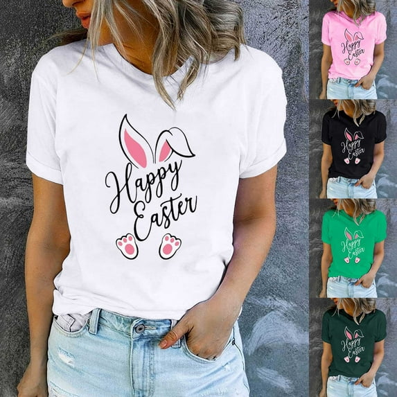 YANHAIGONG Easter Tops Womens Plus Size,Women's Round Neck Cute Rabbit Print T-Shirt ,Fashion Comfortable Women's Graphic Shirt Top Short Sleeve Round Neck Top Shirt
