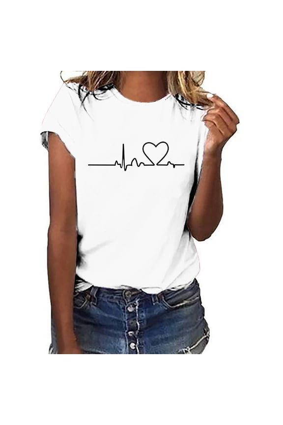 Plus Size Oversized Graphic T Shirts for Women 2025 Short Sleeve Crewneck Tops Casual Fit Heartbeat Ecg Heart Print Lightweight Soft T-Shirt