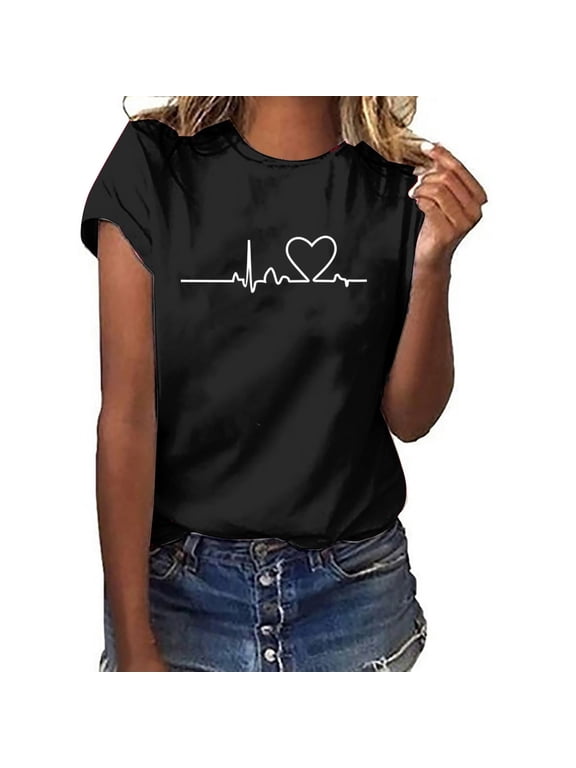 Summer Tops for Women 2025 Trendy Doctor Paramedic Nurse Gift Love Cardiogram Ecg Ekg Heartbeat Ecg Heart Print Lightweight T-Shirt