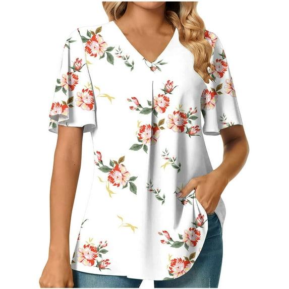 YANHAIGONG Women V-neck Tops Women's Fashion Solid Color Casual V-Neck Short Sleeve Loose T-shirt Tops Summer Tops for Women 2025