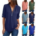 thumbnail image 1 of Summer Savings!YANHAIGONG Womens Half Zip Chiffon Blouse,Summer Zipper Blouses for Women Solid Color Long Sleeve Slouchy Shirt Oversized V Neck Rollable Tunic Tops, 1 of 6