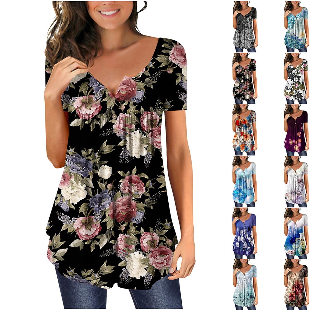 YOTAMI Womens Tops Plus Size Dressy Casual Blouses Short Sleeve Pleated ...