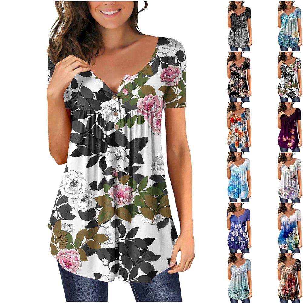 YOTAMI Womens Tops Plus Size Dressy Casual Blouses Short Sleeve Pleated ...