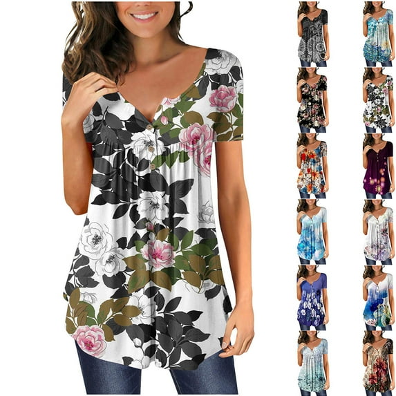 YOTAMI Womens Tops Plus Size Dressy Casual Blouses Short Sleeve Pleated Button V-Neck Summer Floral Print Loose Fit Tunic Tops White