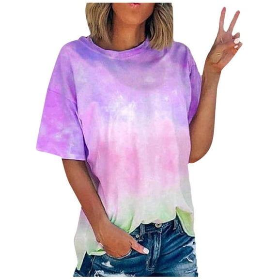 YOTAMI Summer Tie Dye Tshirts for Women Plus Size - Fashion Funny Graphic Tees for Home & Outdoor Short Sleeve Loose Fit Casual Tops Purple Sizes XXXXL