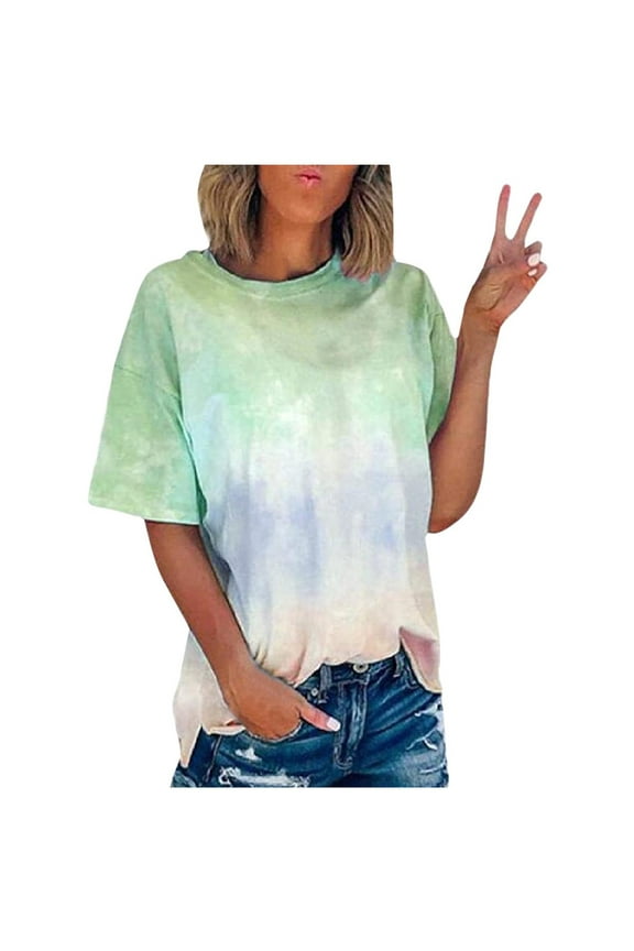 Summer Tie Dye Tshirts for Women Plus Size - Fashion Funny Graphic Tees for Home & Outdoor Short Sleeve Loose Fit Casual Tops Green Sizes XXXXXL
