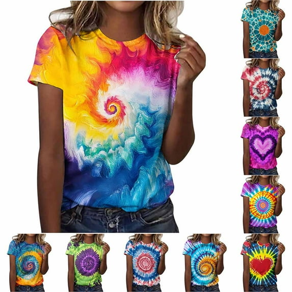 YOTAMI Tie Dye Tshirts for Women Trendy Casual Printed Crew Neck Tops Short Sleeve Color Graphic T-Shirt Blouses Purple