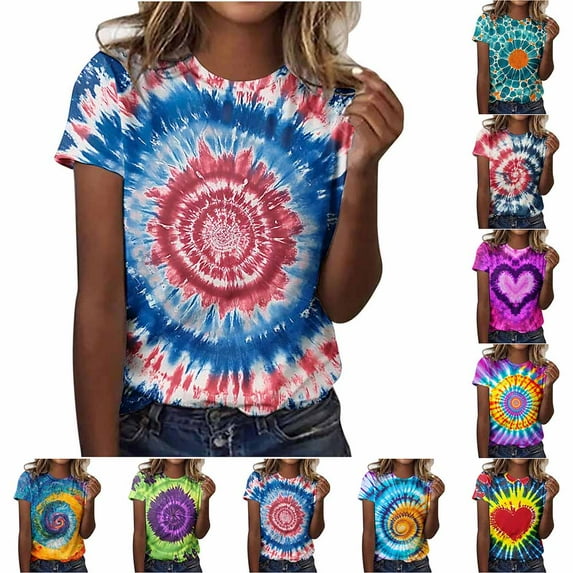 YOTAMI Tie Dye Tshirts for Women Trendy Casual Printed Crew Neck Tops Short Sleeve Color Graphic T-Shirt Blouses Purple