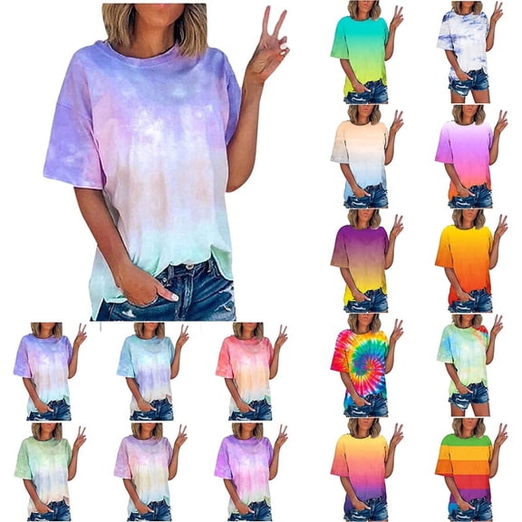 YOTAMI Summer Tie Dye Tshirts for Women Plus Size - Fashion Funny Graphic Tees for Home & Outdoor Short Sleeve Loose Fit Casual Tops Blue Sizes XXXXXL