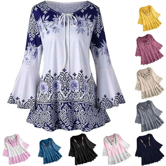 YOTAMI Womens Plus Size Blouses Summer Floral Printed Flare Sleeve Tops for Casual Lace-up Keyhole Shirts