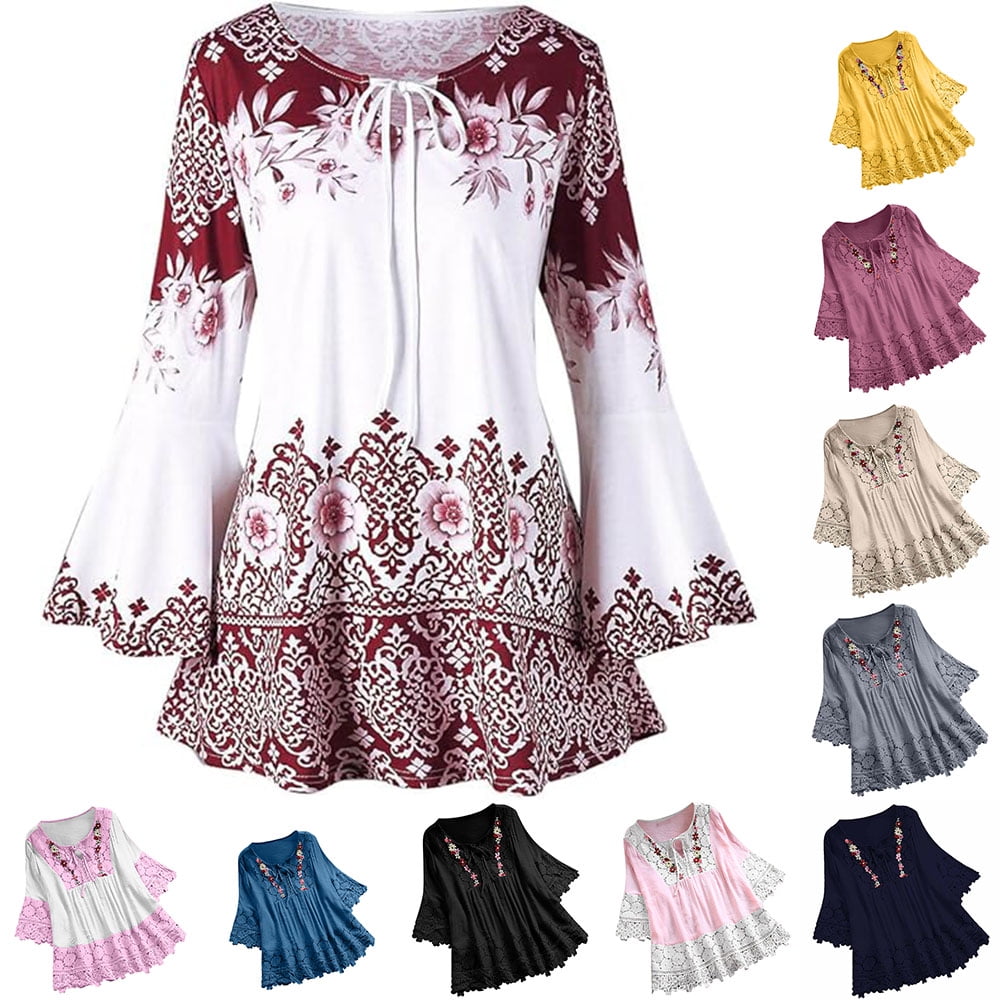 YOTAMI Womens Plus Size Blouses Summer Floral Printed Flare Sleeve Tops ...