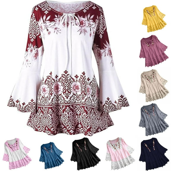 YOTAMI Womens Plus Size Blouses Summer Floral Printed Flare Sleeve Tops for Casual Lace-up Keyhole Shirts