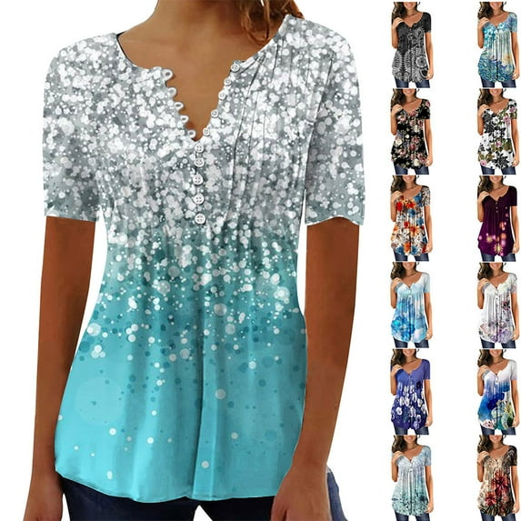 Fatuov Fourth of July Shirts for Women Plus Size Graphic T-Shirt Trendy Button V-Neck USA Flag Print Short Sleeve Independence Day Casual Blouses Blue, Sizes S-XXXL