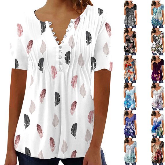 Fatuov 4th of July Womens T-Shirts Short Sleeve Graphic T-Shirt Trendy Independence Day Button V-Neck Patriotic American Flag Print Plus Size Tops Blue, Sizes S-XXXL