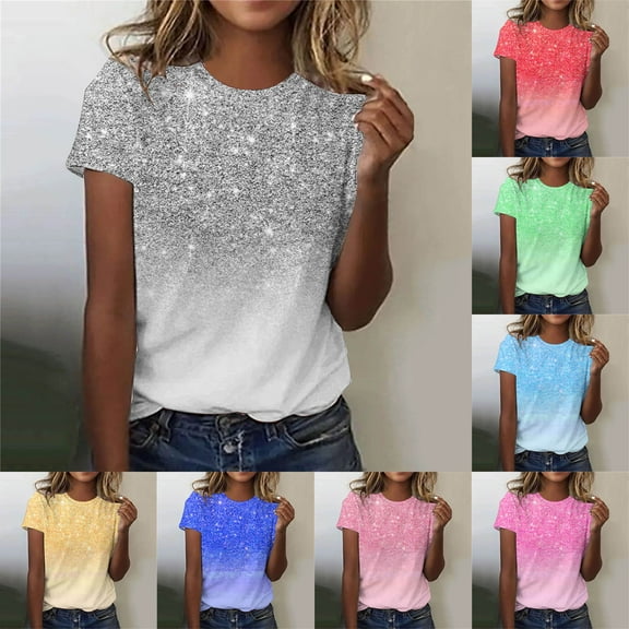 Yanhaigong Plus Size Sequin Tops,Plus Size Spring Glitter Tops,Women's Glitter Sparkling Crystal Printed Tops ,Summer Womens Sparkly Tops Short Sleeves Round Neck Sparkly Shirt Blouse