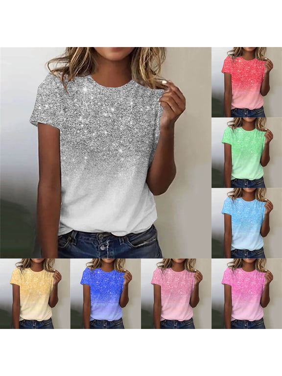 Plus Size Sequin Tops,Plus Size Spring Glitter Tops,Women's Glitter Sparkling Crystal Printed Tops ,Summer Womens Sparkly Tops Short Sleeves Round Neck Sparkly Shirt Blouse