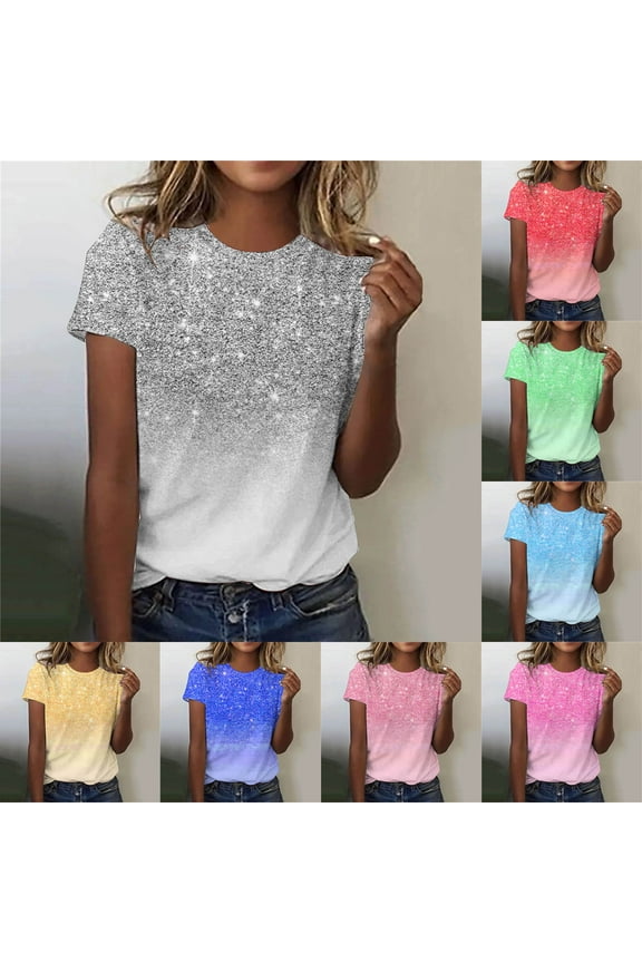 Plus Size Sequin Tops,Plus Size Spring Glitter Tops,Women's Glitter Sparkling Crystal Printed Tops ,Summer Womens Sparkly Tops Short Sleeves Round Neck Sparkly Shirt Blouse