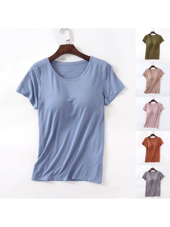 Yoga Tops with Built In Bra,Built-In-Bra T-Shirts Short Leeve Crew Neck Wireless,Women's Cotton Padded Built-In-Bra Shirts,Casual Short Sleeve Wireless Bra Tops Tee Plus Size Underwear