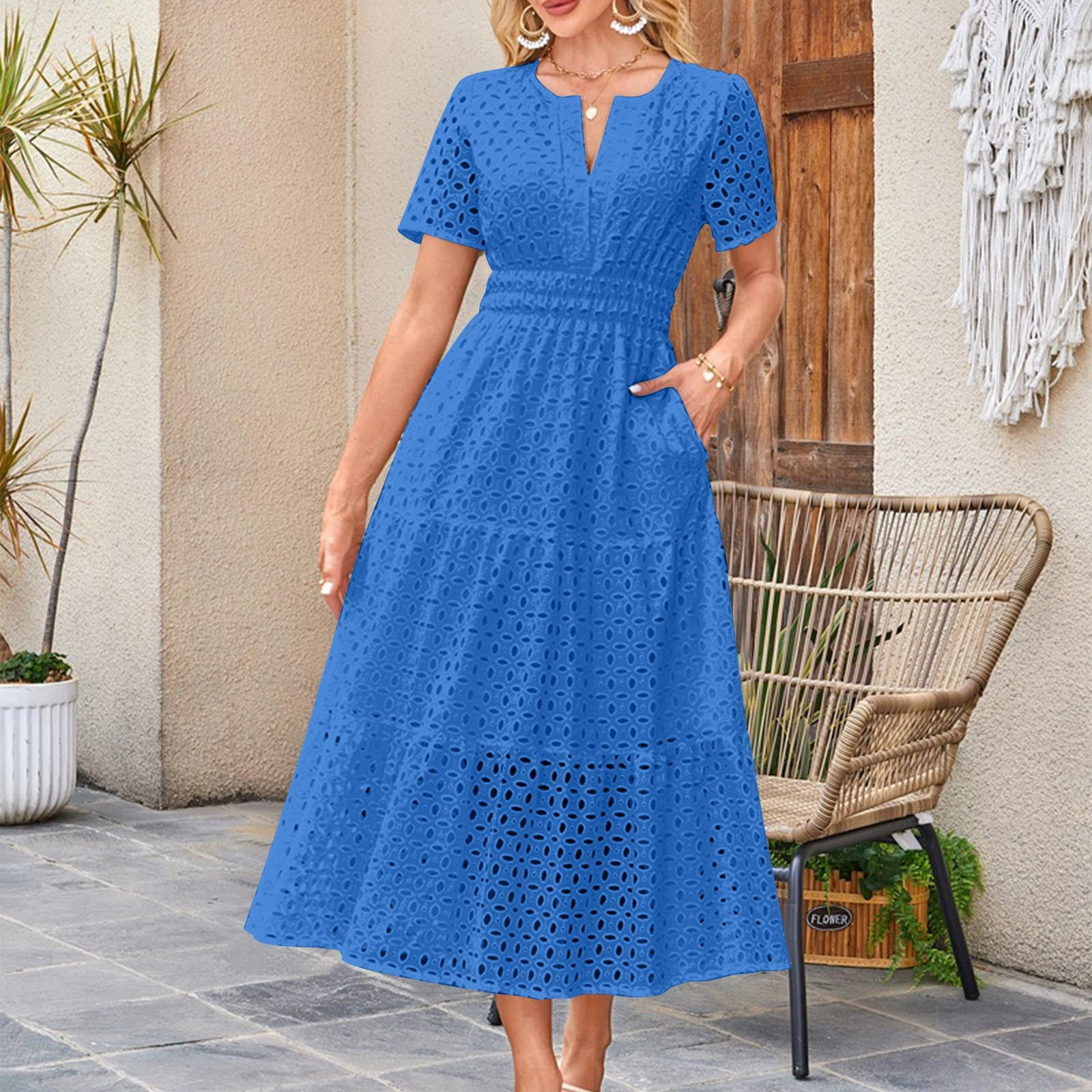 Summer Savings Yrmaups Women's Summer Short Sleeve Vacation Dresses Casual  2025 Keyhole Ruffle Elastic Waist Aline Midi Sun Dresses V-Neck Eyelet  Swing Trendy Outfits Formal Dresses - Walmart.com
