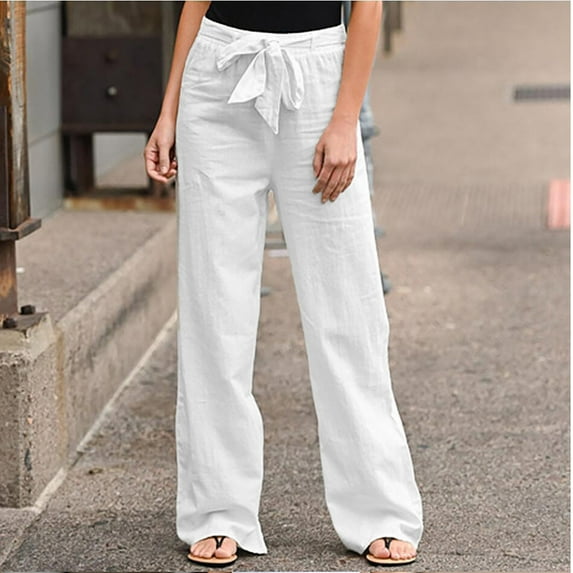 Zpanxa Linen Pants for Women Fashion Solid Color Sashes Straight Casual Long Pants Trousers Workout Yoga Pants Athletic Lounge Pants Women's Slacks Beige 5XL