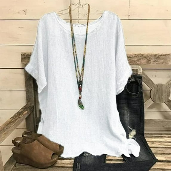 Summer Savings! Zpanxa Oversized T Shirts for Women Summer Loose Solid T-Shirt Short Sleeve Casual Blouse Womens Summer Tops White L