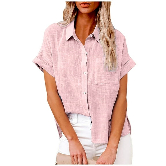 Zpanxa Plus Size Tops for Women Tops Fashion Solid Button Shirt Female V-Neck Loose T-shirt Blouse Womens Short Sleeve Tops Pink XL