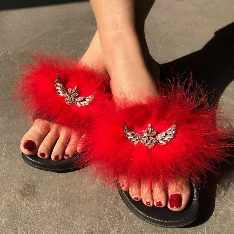 Summer Savings! Zpanxa Slippers for Women Fashion Women Casual Furry Bright  Diamond Flat Sandals Shoes Flip Flop Flip Flops for Women Red 38