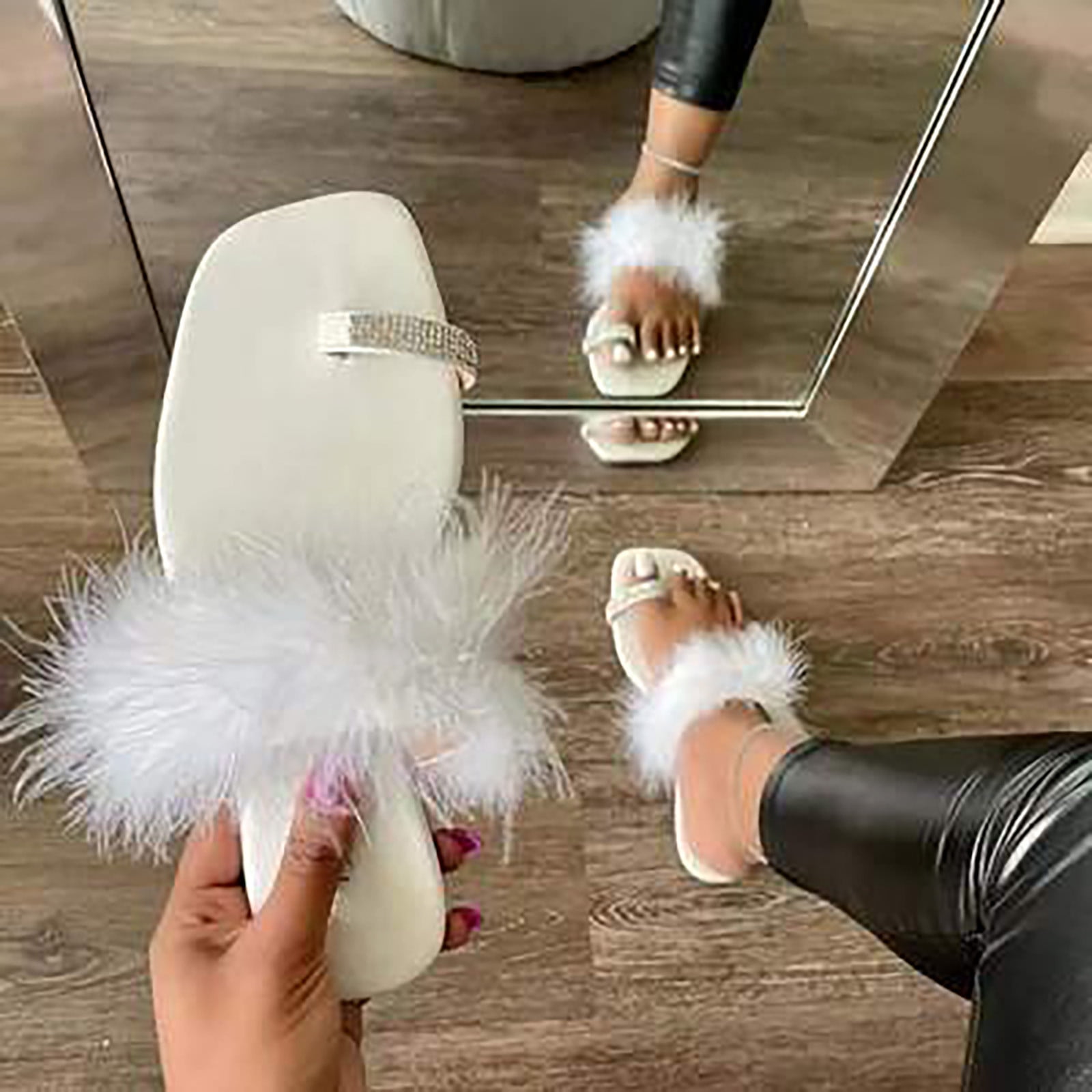 Summer Savings Zpanxa Slippers for Women Square Toe Rhinestone