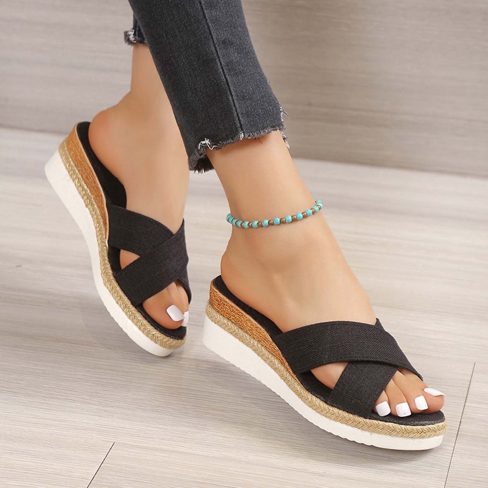 Summer Savings! Zpanxa Slippers for Women Summer Fashion Casual Slippers  Open Toe Thick Bottom Flax Slippers Flip Flops for Women Black 36 