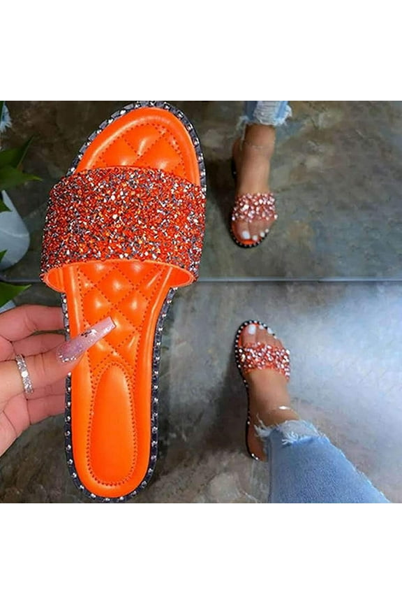 Slippers for Womens Glitter Bling Fancy Slide Flat Low Wedge Casual Fashion Sandals Shoes Flip Flops for Women Orange 37