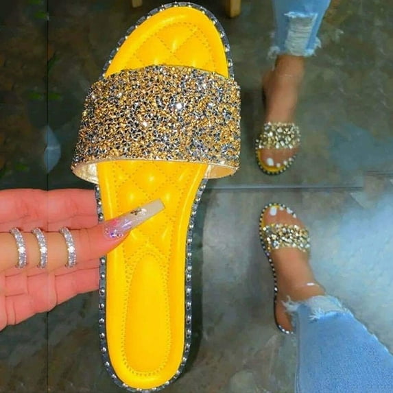 Zpanxa Slippers for Womens Glitter Bling Fancy Slide Flat Low Wedge Casual Fashion Sandals Shoes Flip Flops for Women Yellow 40