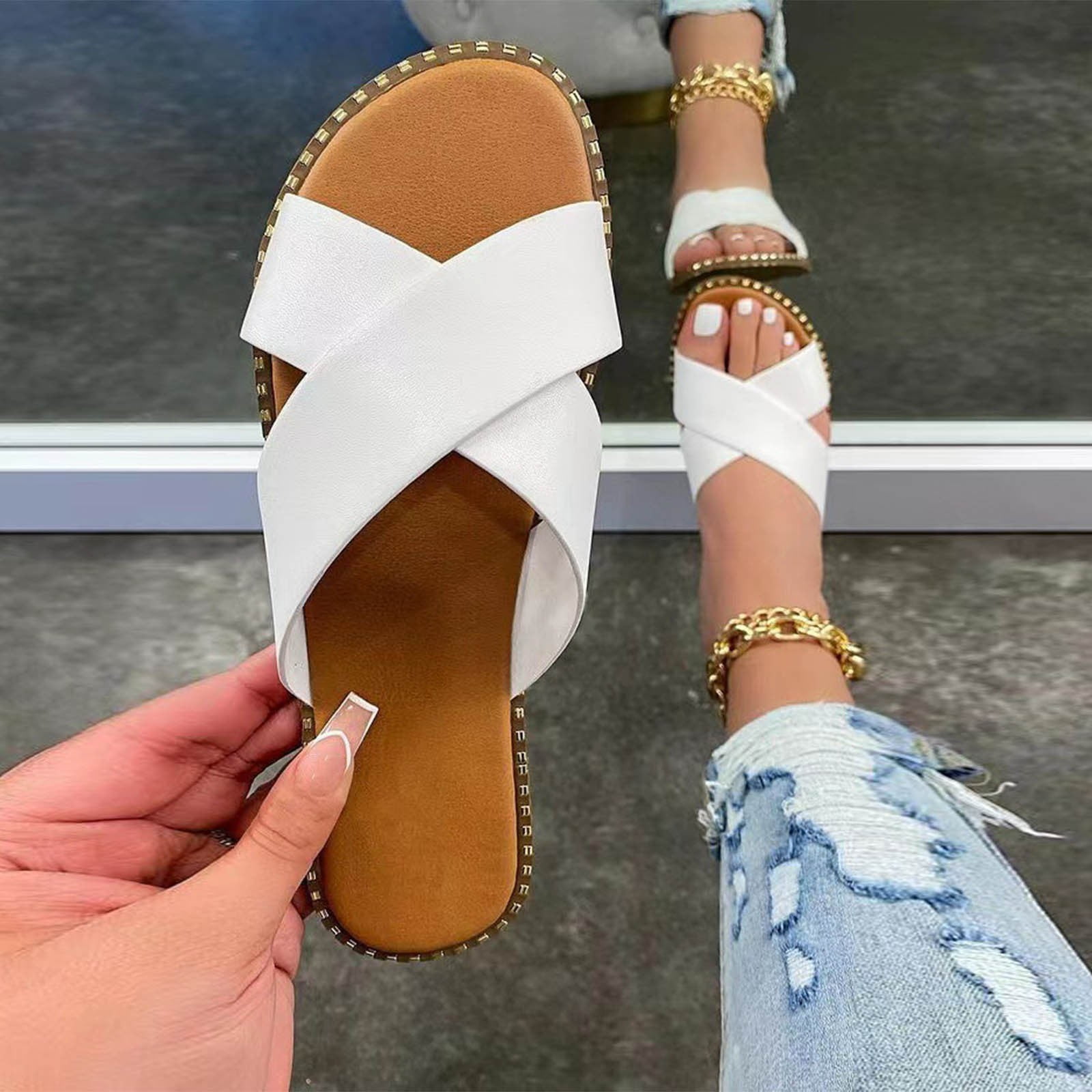 Summer Savings! Zpanxa Slippers for Womens Studded Flat Sandals Open Toe  Slip On Mule Slides Crossed Strap Slipper Flip Flops for Women White 41