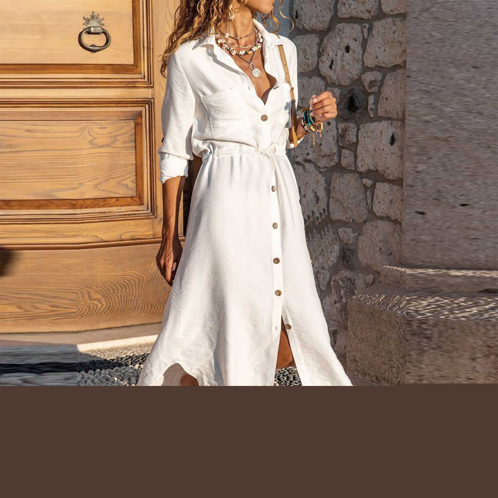 thumbnail image 1 of Summer Savings! Zpanxa Summer Dress Womens Solid Color Single Breasted Lapel Drawstring Shirt Dress Cotton Linen Dress Long Skirts for Women White 5XL, 1 of 8