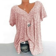 Summer Savings! Zpanxa T Shirts for Women Plus Size Short Sleeves V-Neck Print Blouse Pullover Tops Shirt Womens Tops Pink XXL