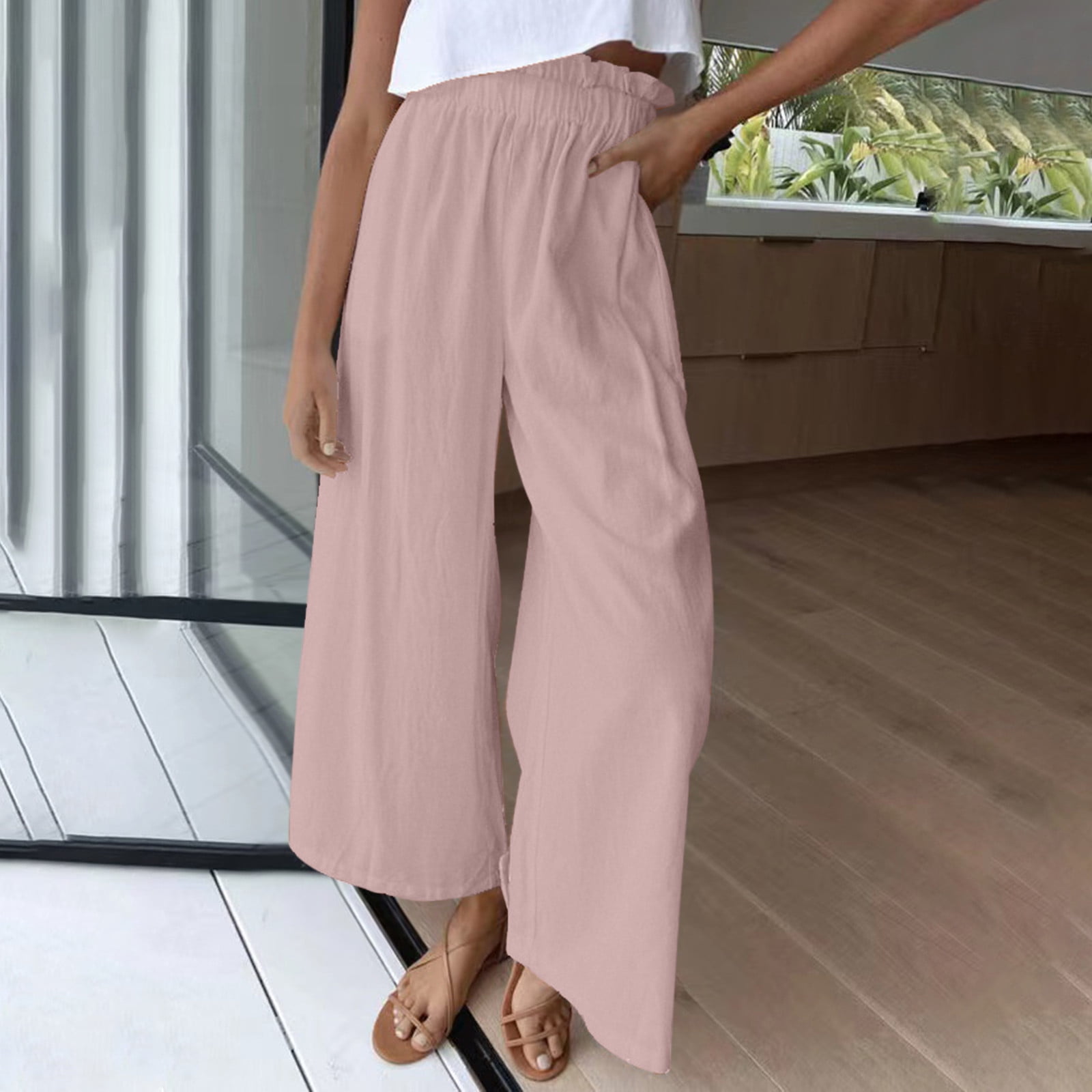 Summer Savings! Zpanxa Women's Slacks Fashion Casual Solid Color High Waist  Loose Mopping Long Cotton Linen Wide Leg Pants Women's Sweatpants Work